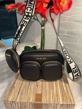 Michael Kors Black Leather Jet Set Crossbody with Gold Accent & Pouch $498